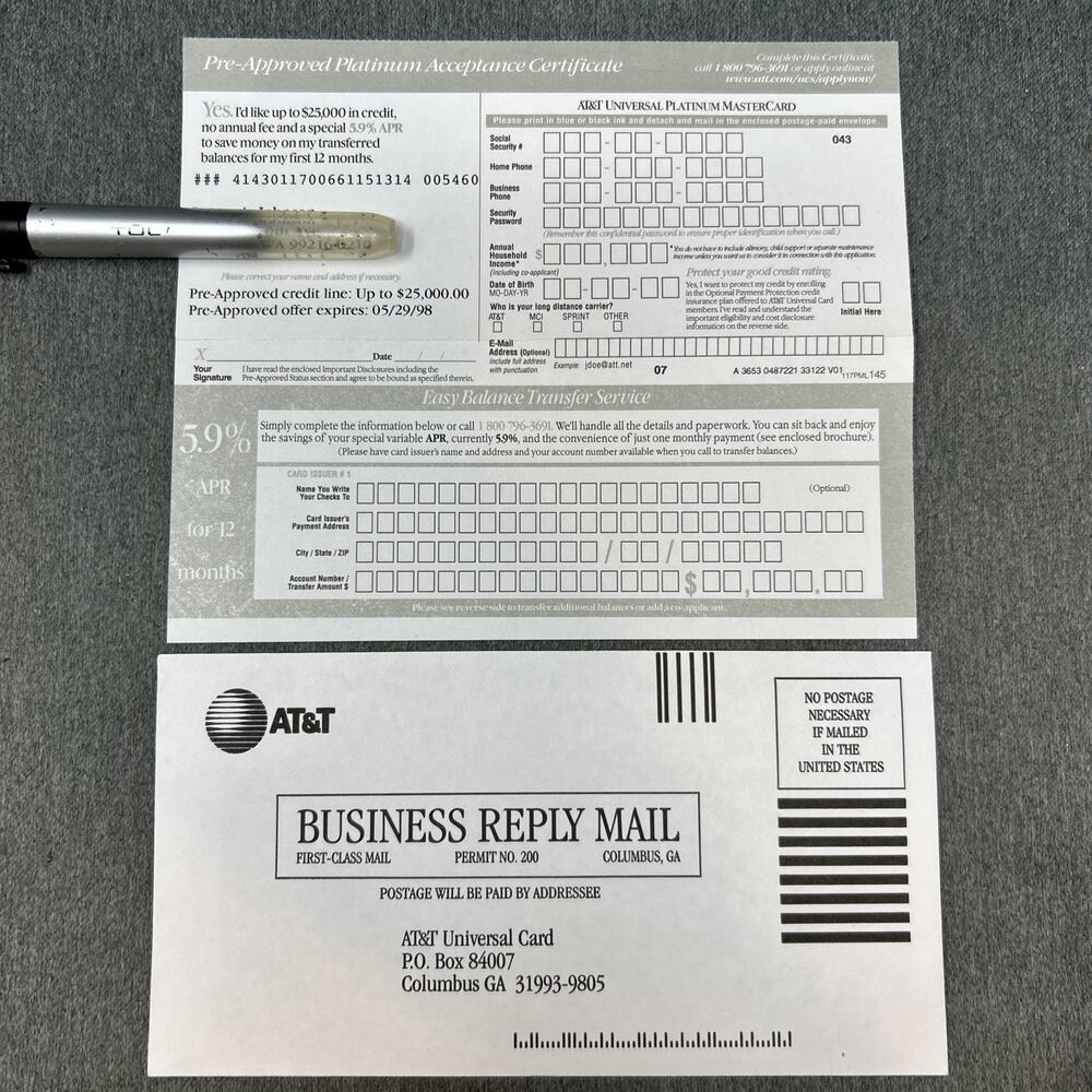 Vintage 1990s AT&T Universal Mastercard Ephemera $25k Loan Offer Reply Envelope